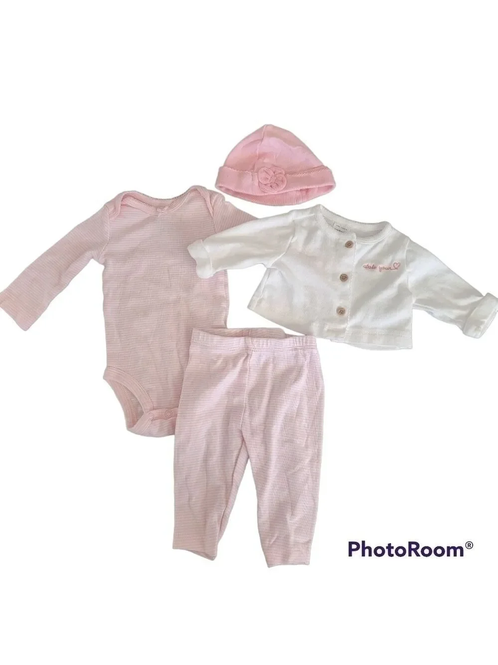 Carter's Infant Girl 4 Piece Bundle Pink White Jacket Onesie Pants Cap Size 3mo